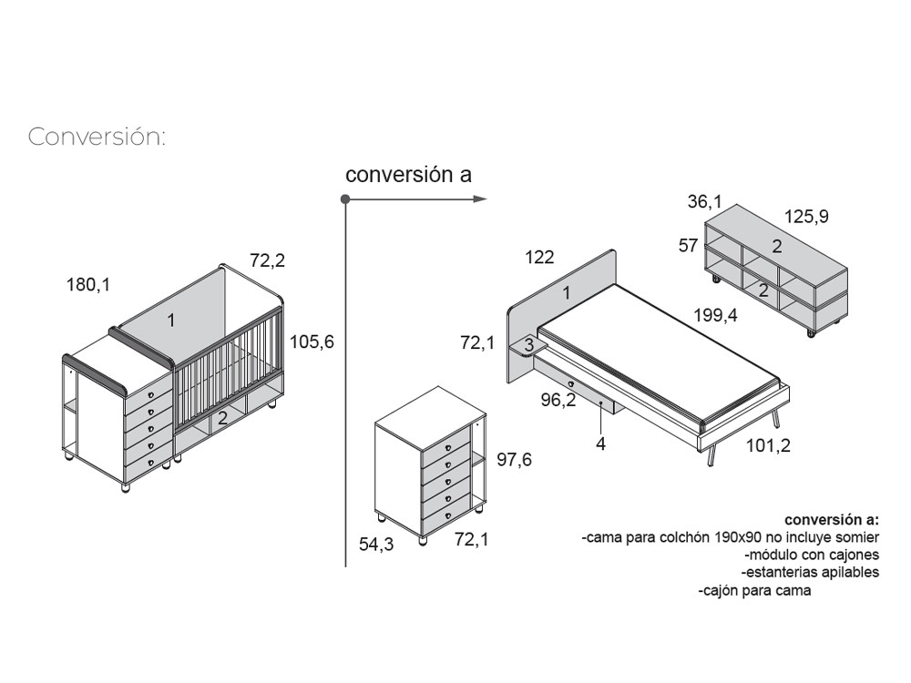 Cuna convertible Cube de cuna de 140x70 a cama de 90x190cm de Ros - 4
