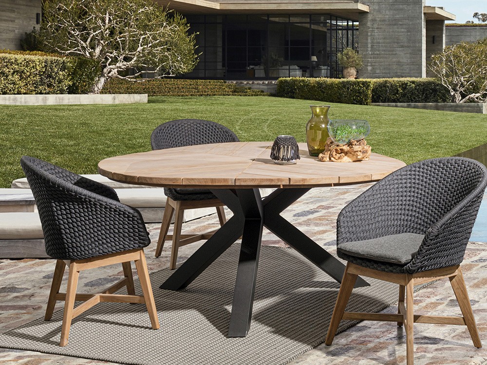 Mesa para comedor exterior Palmdale Triangular con base de aluminio y sobre de teca clase A de Bizzotto - 12