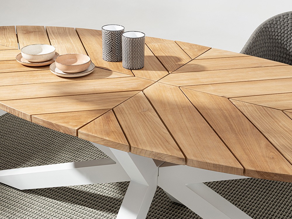 Mesa para comedor exterior Palmdale Ovalada con pies de aluminio y sobre de madera de teca clase A de Bizzotto - 9