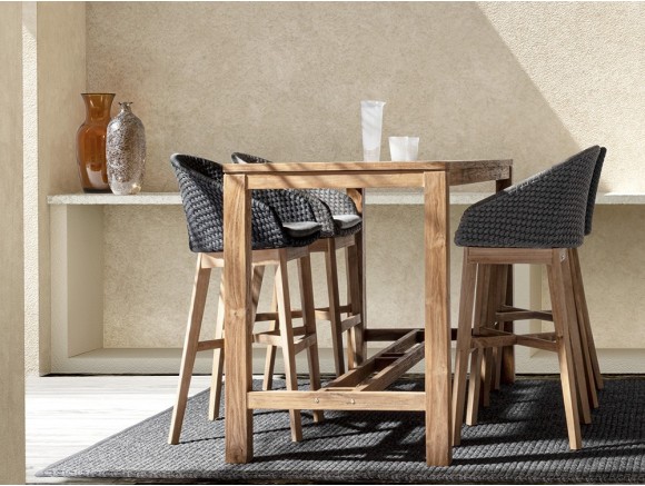 Taburete alto para exterior o interior Coachella de madera de teca y cuerda trenzada Bizzotto - 1