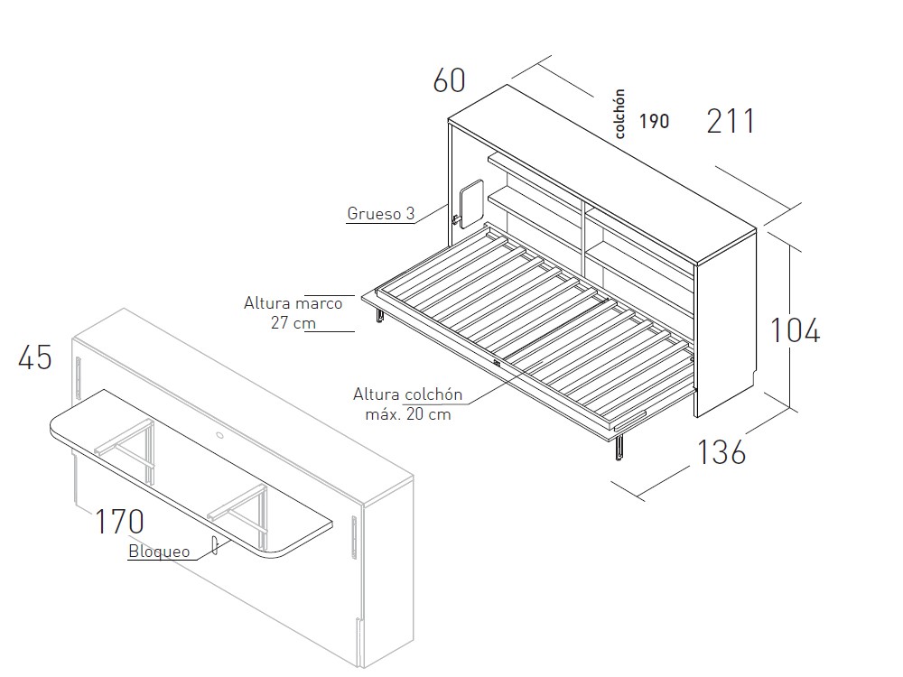 Dormitorio con cama abatible horizontal de 90cm  con escritorio Flow de jotajotape - 6