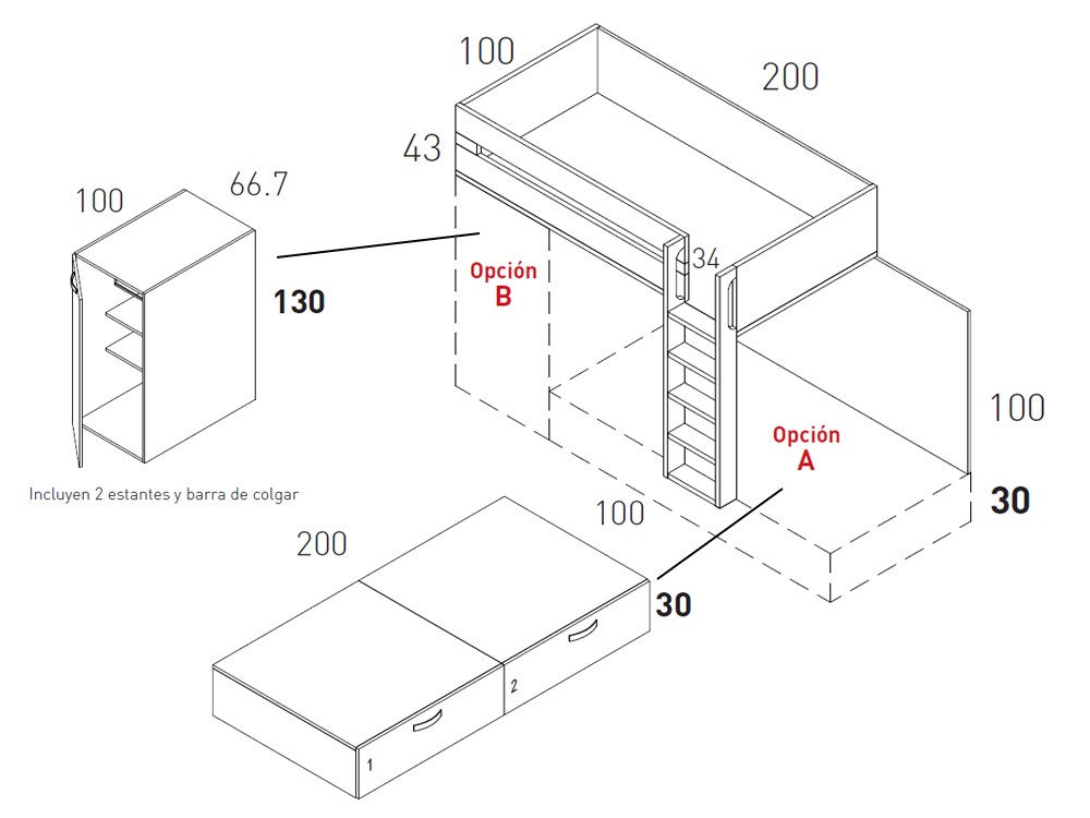 Litera tren con armario y cajones inferiores Flow 43 de Jotajotape - 8