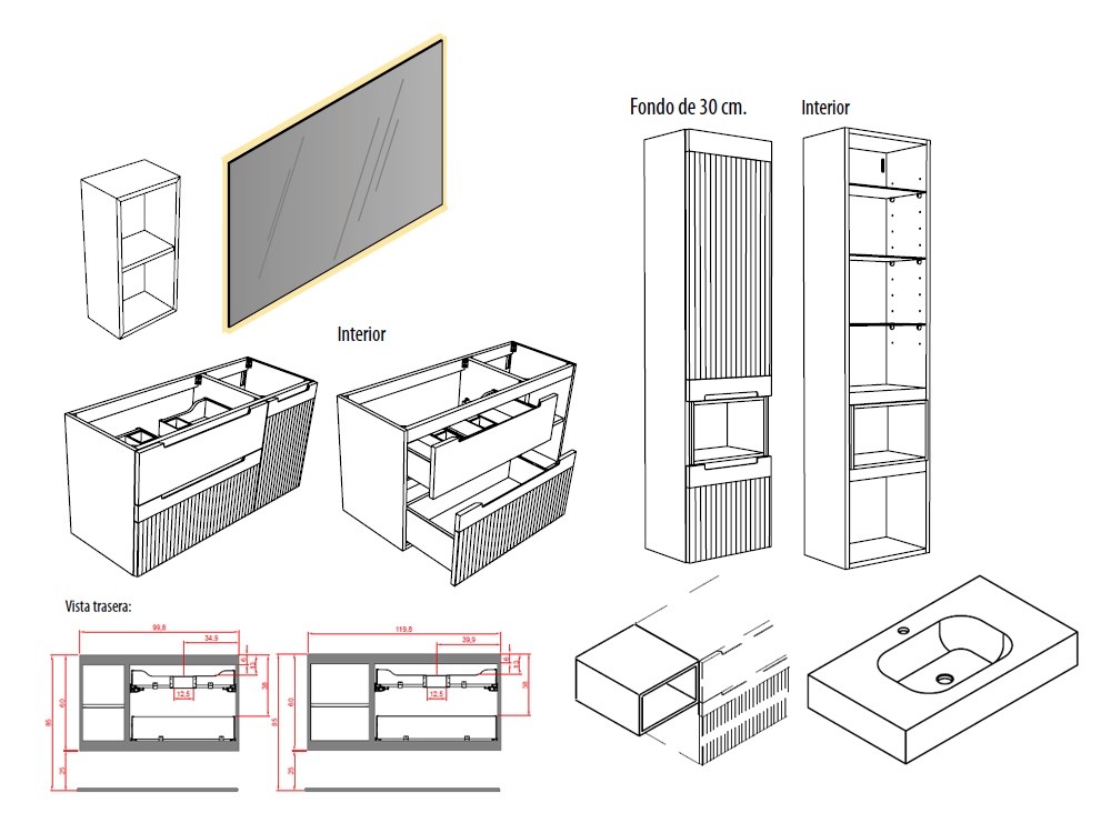 Mueble baño Marsala con espejo 08 de madera maciza con espejo, lavabo con copete de Grupo Seys - 6