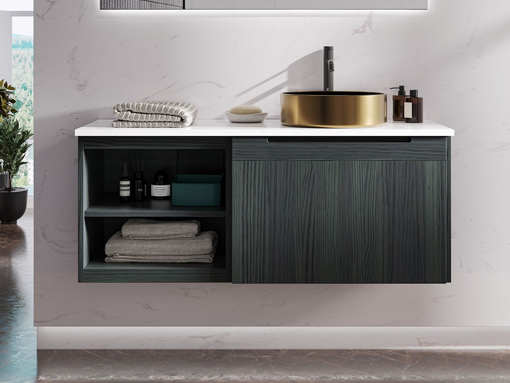 Mueble de baño Catania 18 de madera maciza con encimera de piedra y lavabo dorado de Grupo Seys - 1