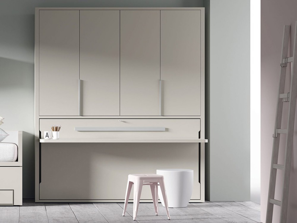 Cama abatible horizontal 90cm con armario y escritorio QBn12 fabricada en melamina de Tegar Mobel - 1