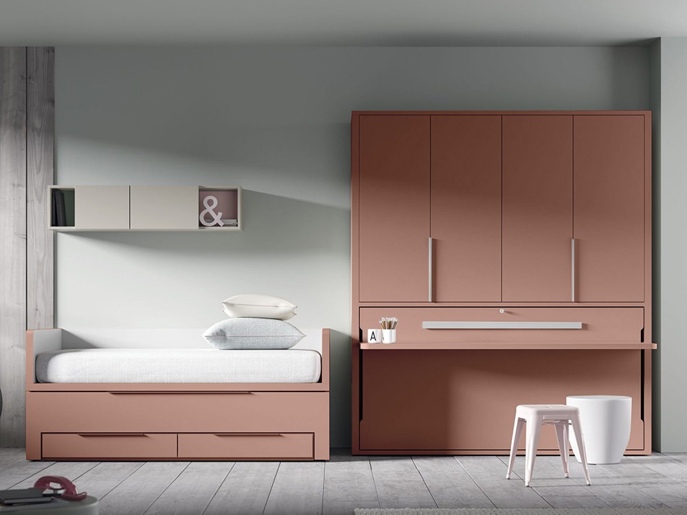 Cama abatible horizontal 90cm con armario y escritorio QBn12 fabricada en melamina de Tegar Mobel - 13