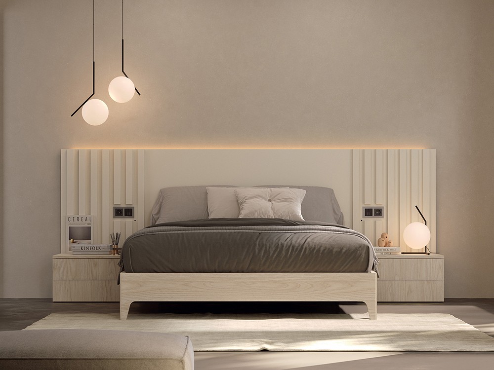 Dormitorio Liso Ribbon Tempo 17 con cabecero corrido con luz led, mesitas y bañera de Tegar Mobel - 1