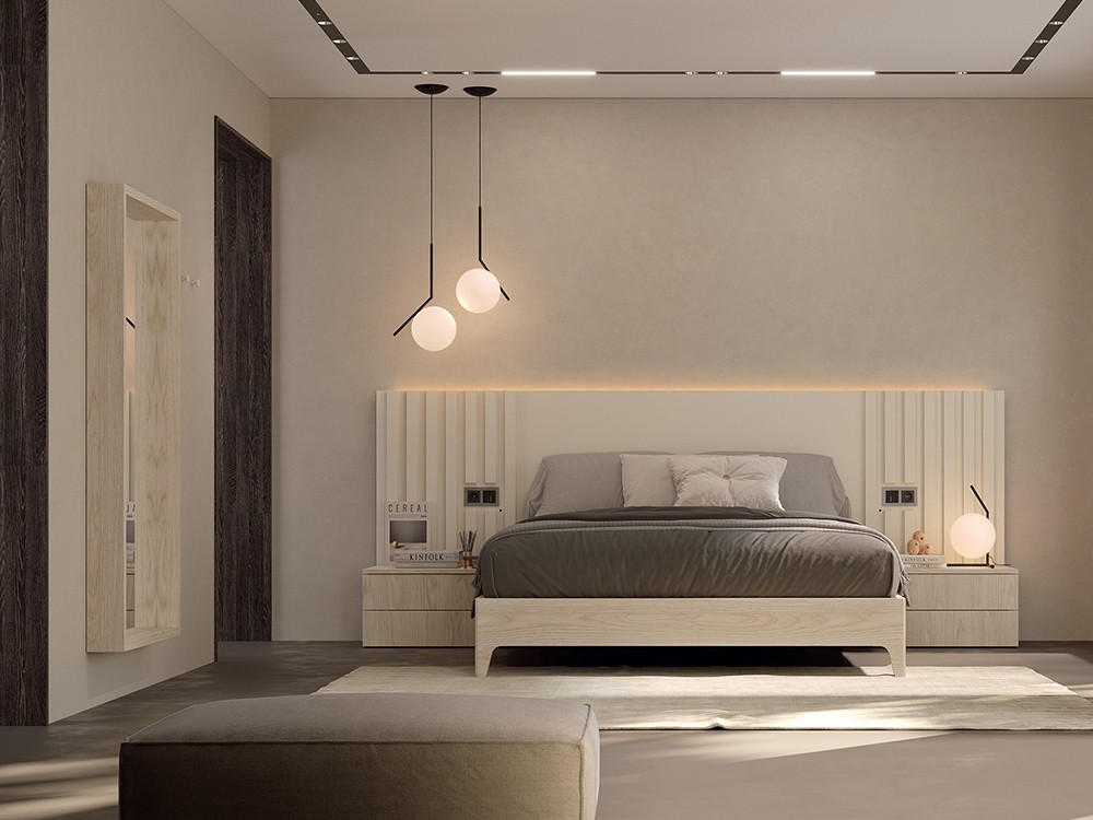 Dormitorio Liso Ribbon Tempo 17 con cabecero corrido con luz led, mesitas y bañera de Tegar Mobel - 7