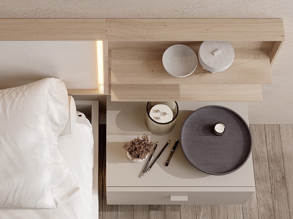 Dormitorio Liso Ribbon Tempo 17 con cabecero corrido con luz led, mesitas y bañera de Tegar Mobel - 2