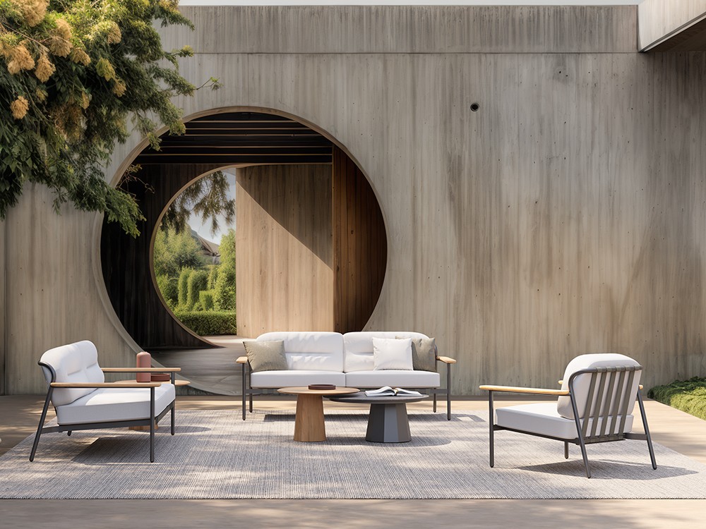 Mesa de centro para salón exterior con base de aluminio o teca y sobre Dekton Lacus de SKLD - 5