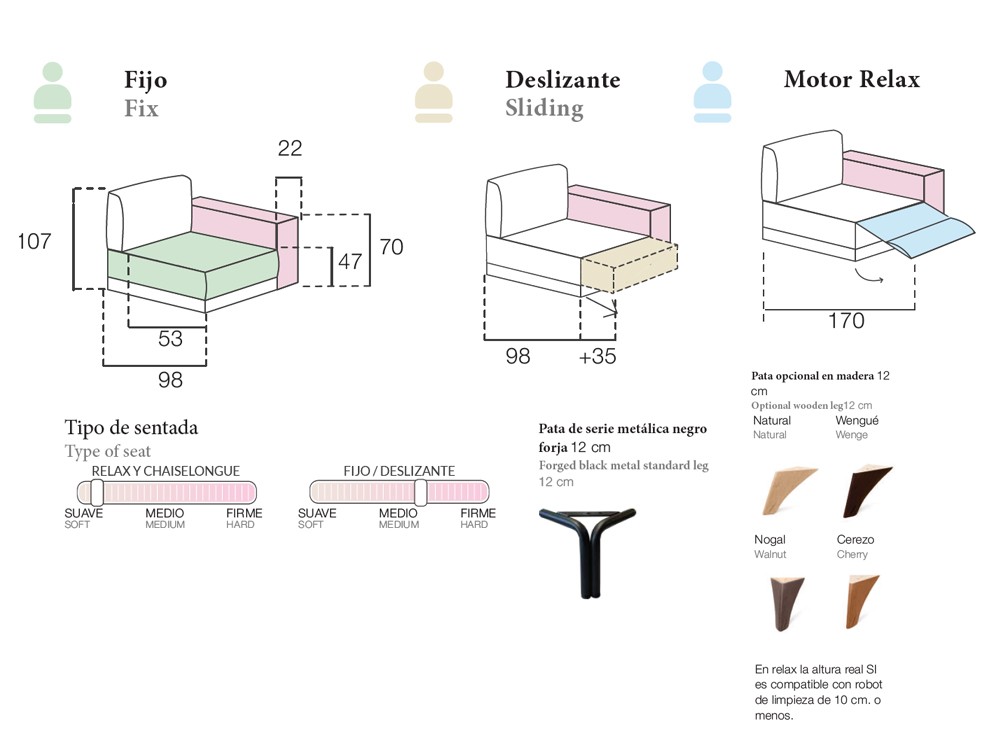 Sofá chaiselongue asientos fijos o relax Vega de Pedro Ortiz - 4