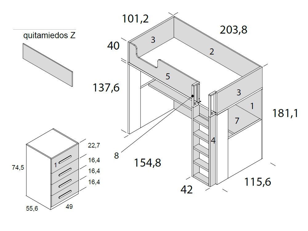 Cama alta Trak con escritorio Delulu 46 de Ros - 3