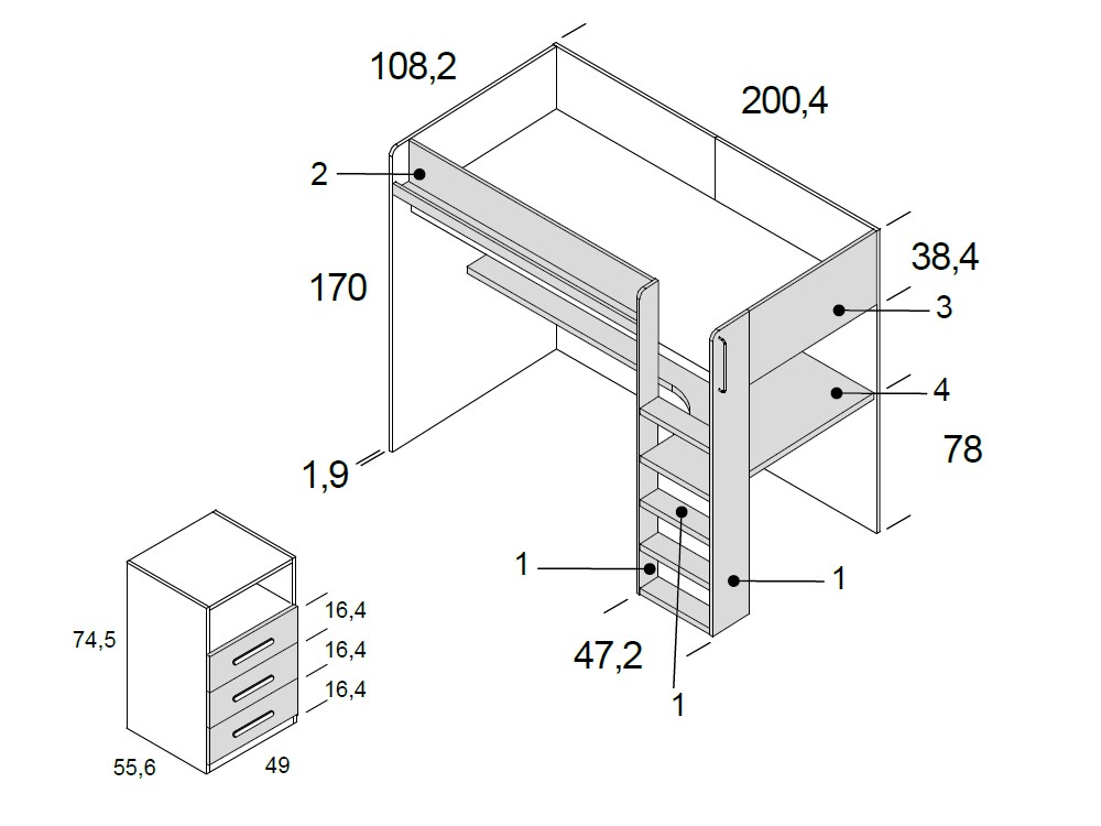 Cama alta Lur con escritorio Delulu 49 de Ros - 3