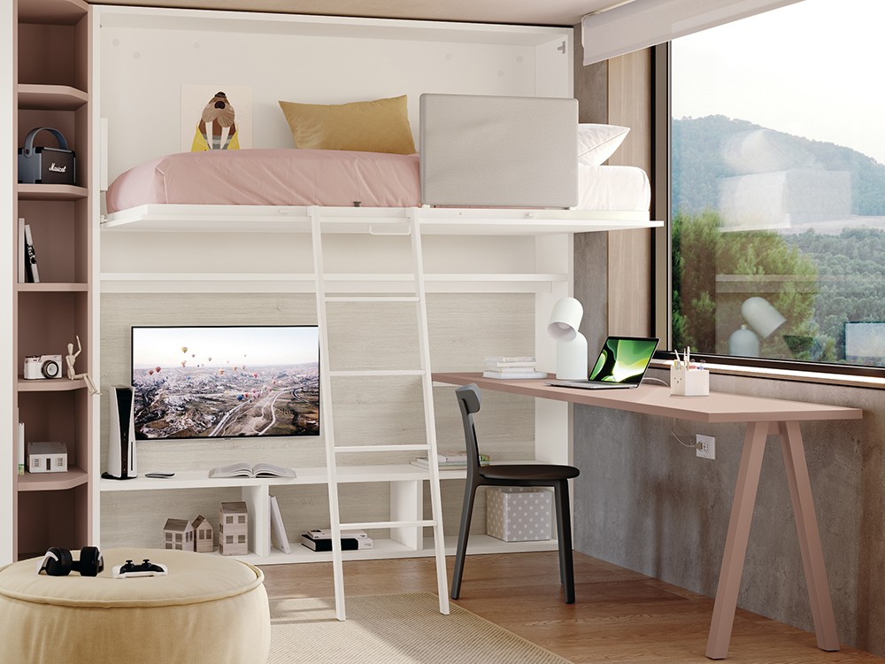 Cama abatible alta 90cm con estante y mesa de estudio en la parte inferior Stay Young 38 de Antaix - 2