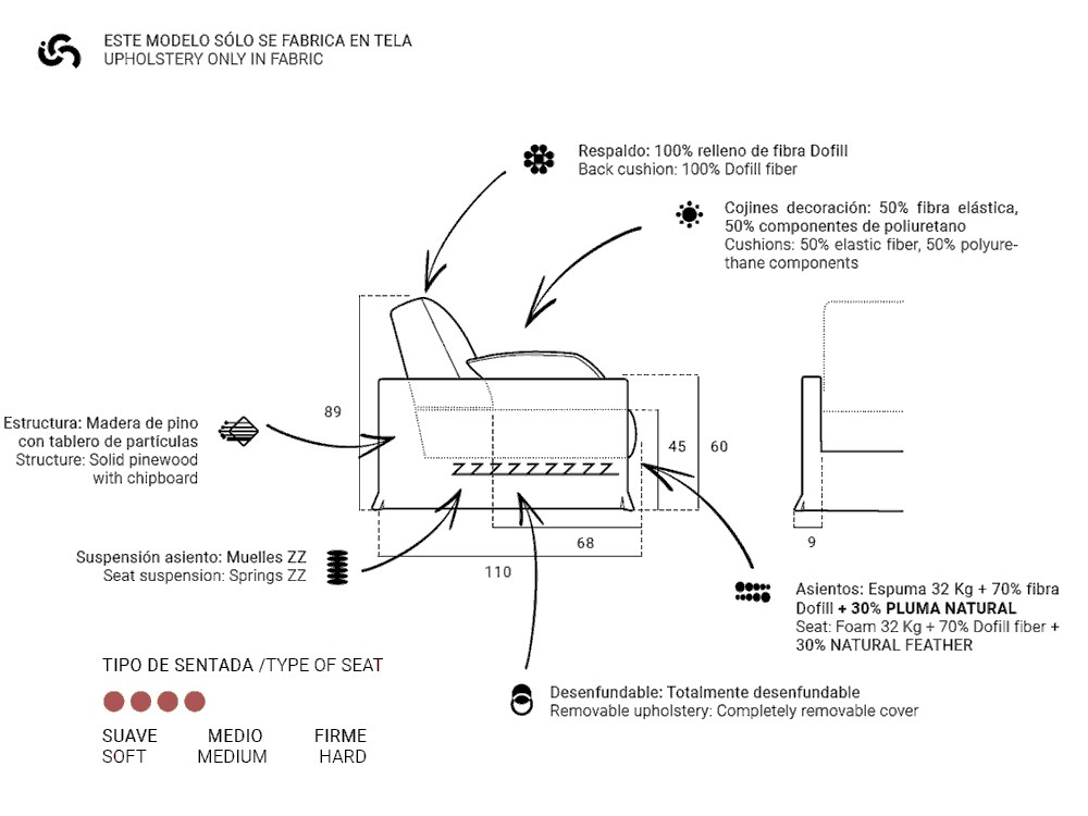 Sofá rinconera tapizado en lino Linnen de Bobbio - 5