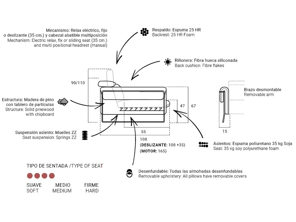 Sofá chaiselongue con asientos fijos, deslizantes o relax Elliot de Bobbio - 6