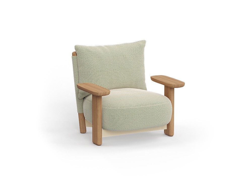 Butaca Milos de madera de Iroko para salón exterior que puedes tapizar a tu gusto