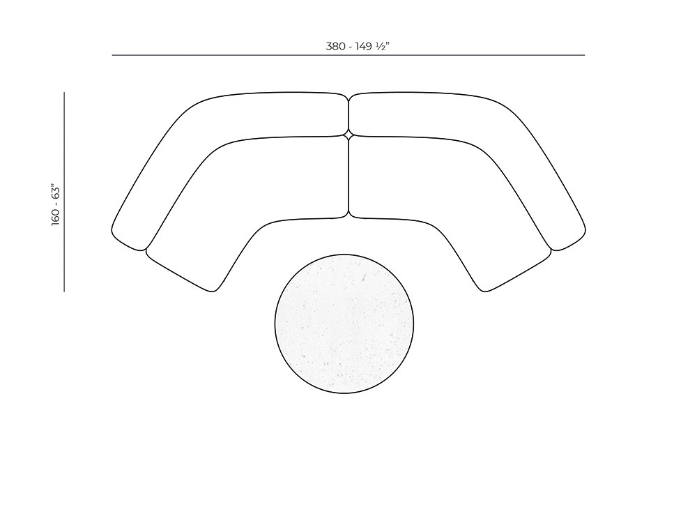 Medidas de la composición personalizada del sofá modular Milos con dos módulos curvo de Vondom