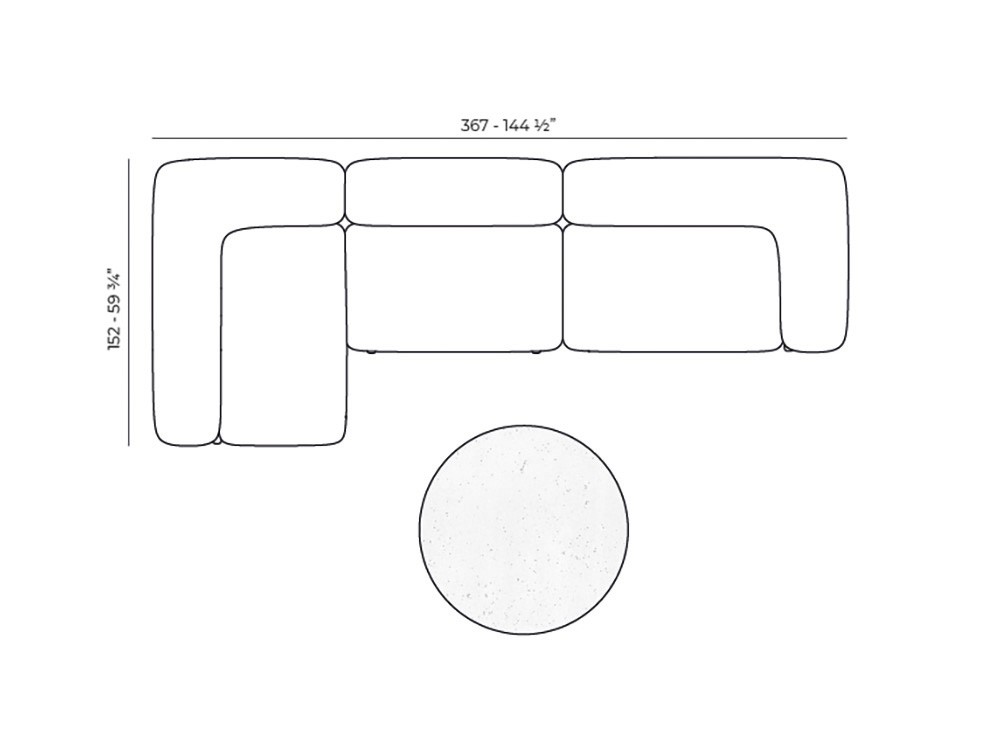 Medidas de la composición con chaiselongue del sofá modular para exterior Milos de Vondom.
