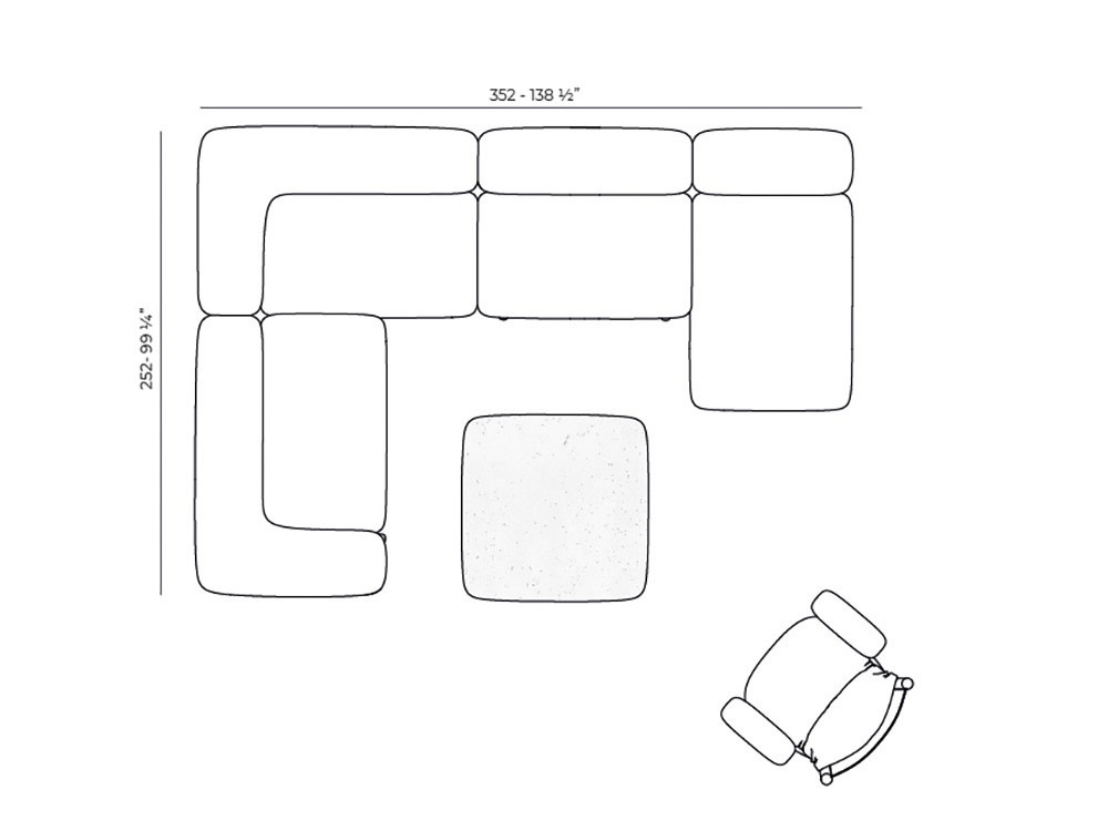 Medidas de la composición esquina con chaiselongue del sofá modular de diseño Milos de Vondom