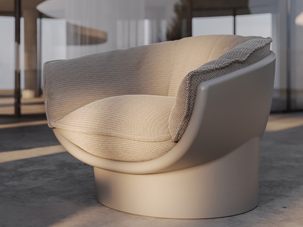 Sillón para salón exterior Luna de Vondom, diseño de Ramón Esteve con formas orgánicas y materiales de alta resistencia.