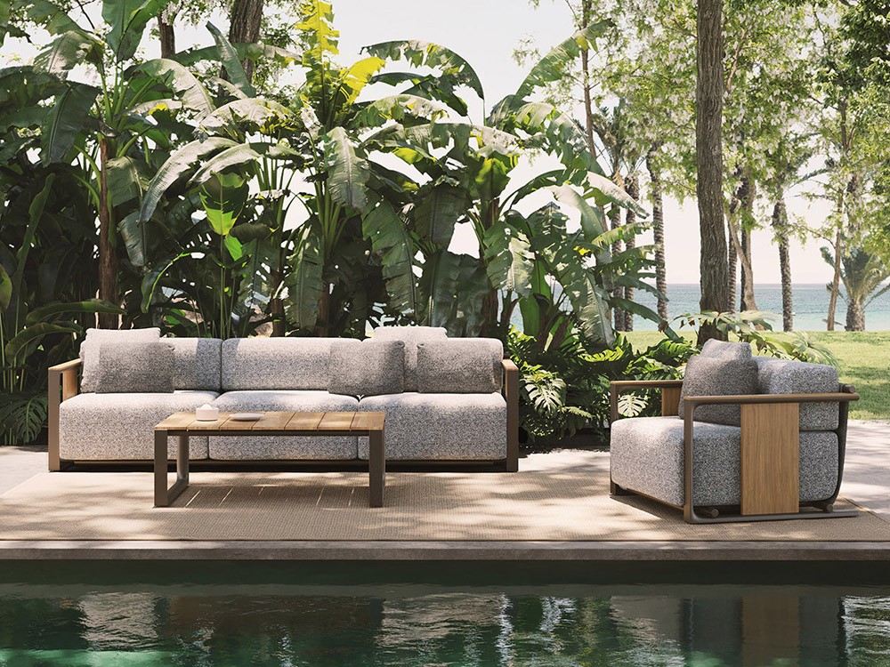 Diseño de autor y materiales premium: sillón Tulum de Vondom, con perfiles de aluminio y madera de teca de Indonesia.