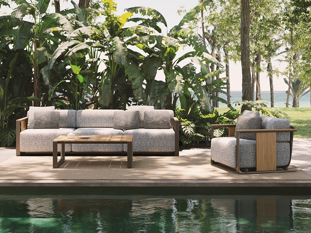 Sofá Tulum para exteriores, perfecto para ambientes sofisticados. Tapizado a medida y resistencia ante cualquier clima.