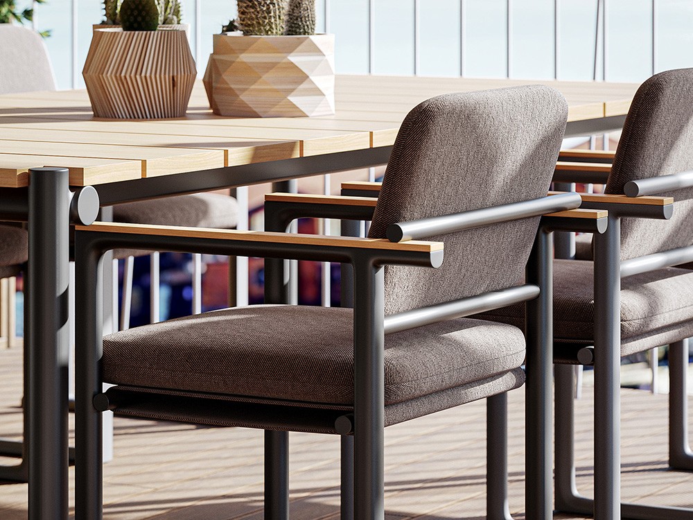 Silla de comedor Tulum tapizable, perfecta para exteriores exigentes. Elegancia natural con un toque tecnológico.