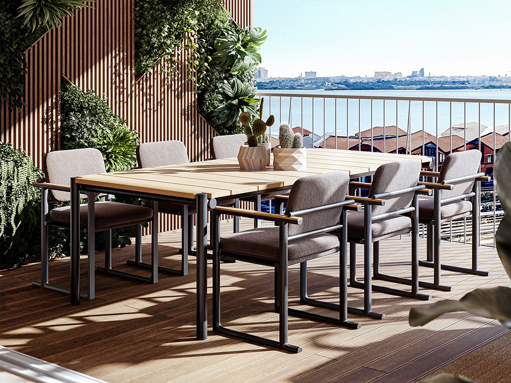 Mesa exterior Tulum, con líneas limpias y acabados de alta calidad. Teca natural y aluminio combinados en perfecta armonía.