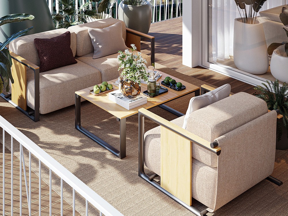 Mesa de centro exterior Tulum, una pieza funcional y sofisticada con madera de teca de Indonesia y patas de aluminio soldado.