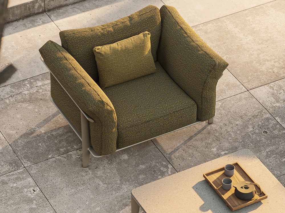 Sillón de jardín Pasadena, elegante y confortable, con estructura resistente y estilo arquitectónico atemporal.