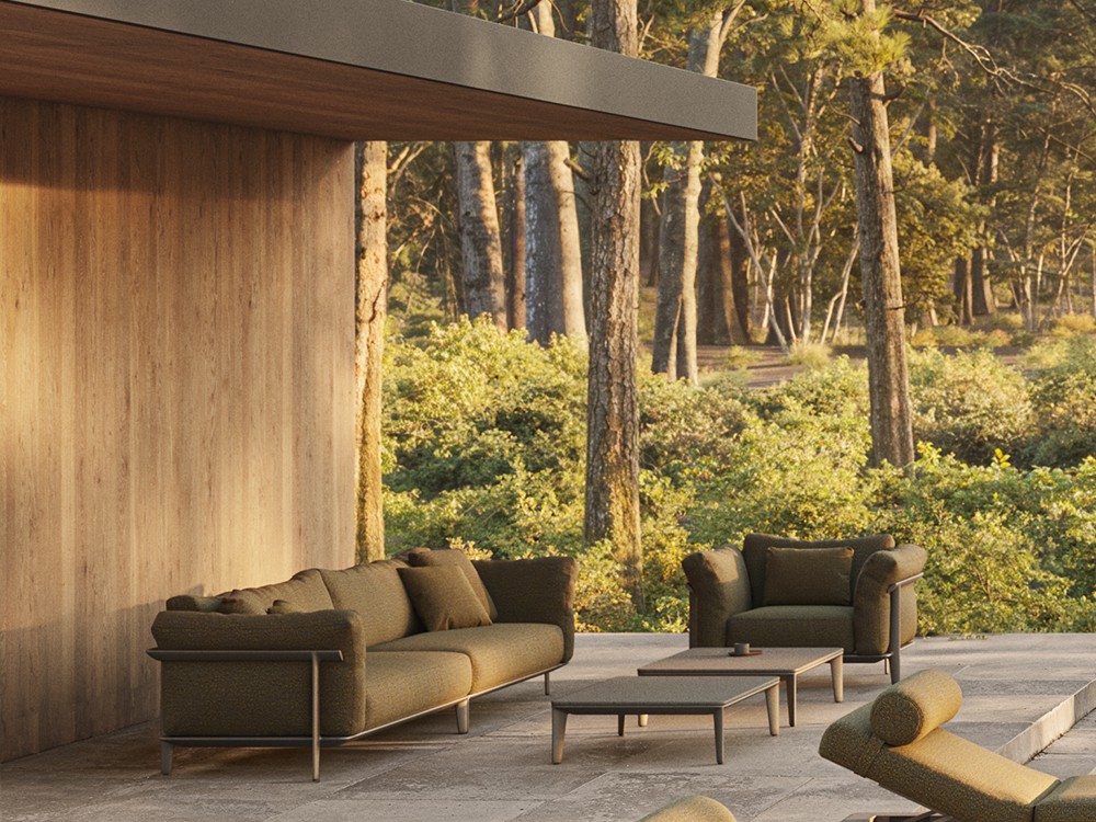 Diseño de Jean-Marie Massaud: sofá modular para jardín Pasadena, disponible con chaise longue, esquinero o en línea.