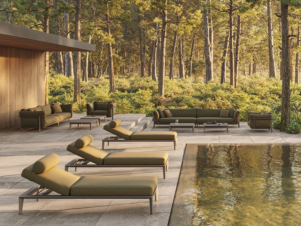 Tumbona Pasadena, respaldo ajustable y tapizable. Ideal para terrazas y jardines con diseño contemporáneo.