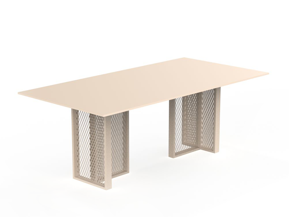 Mesa exterior de comedor The Factory disponible en 3 medidas, inspirada en la arquitectura de hierro.