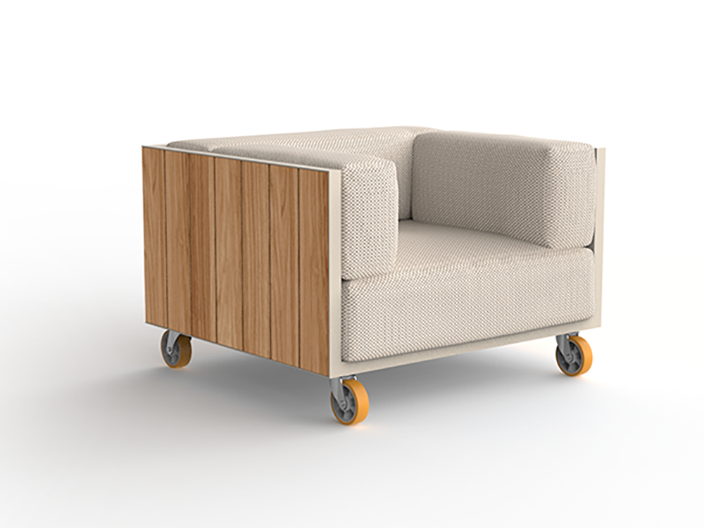 Vondom Vineyard: sillón de jardín con diseño lineal, madera de teca y tejidos duraderos. Con ruedas.