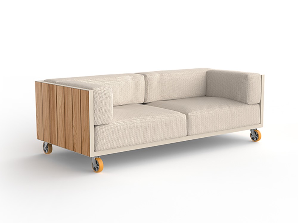 Sofá exterior Vineyard de Ramón Esteve, con estética cálida y estructura resistente en teca y aluminio.