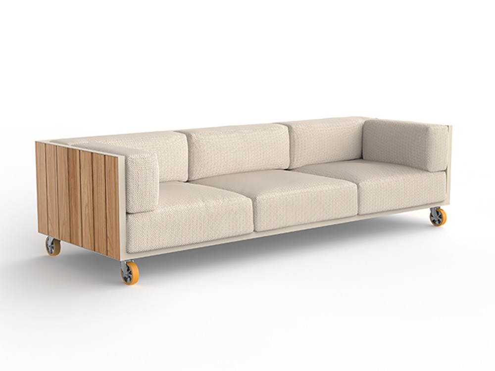 Sofá de exterior de diseño Vineyard, disponible en dos o tres plazas. Ideal para ambientes relajados y sofisticados.