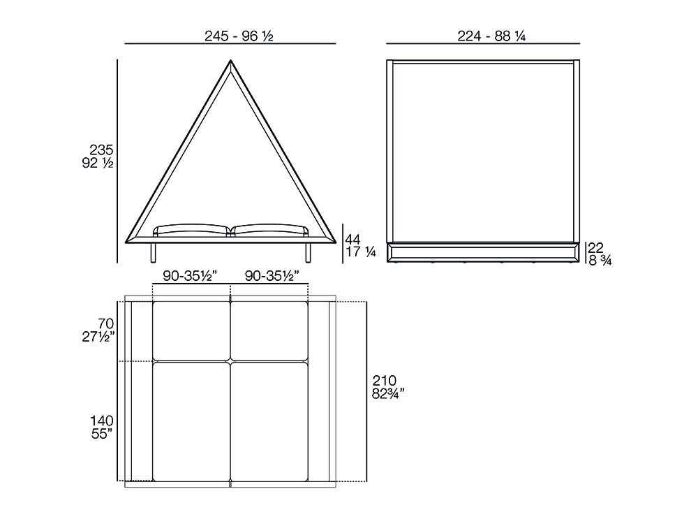 Alzado y medidas de la daybed Vineyard de Vondom con toldo.