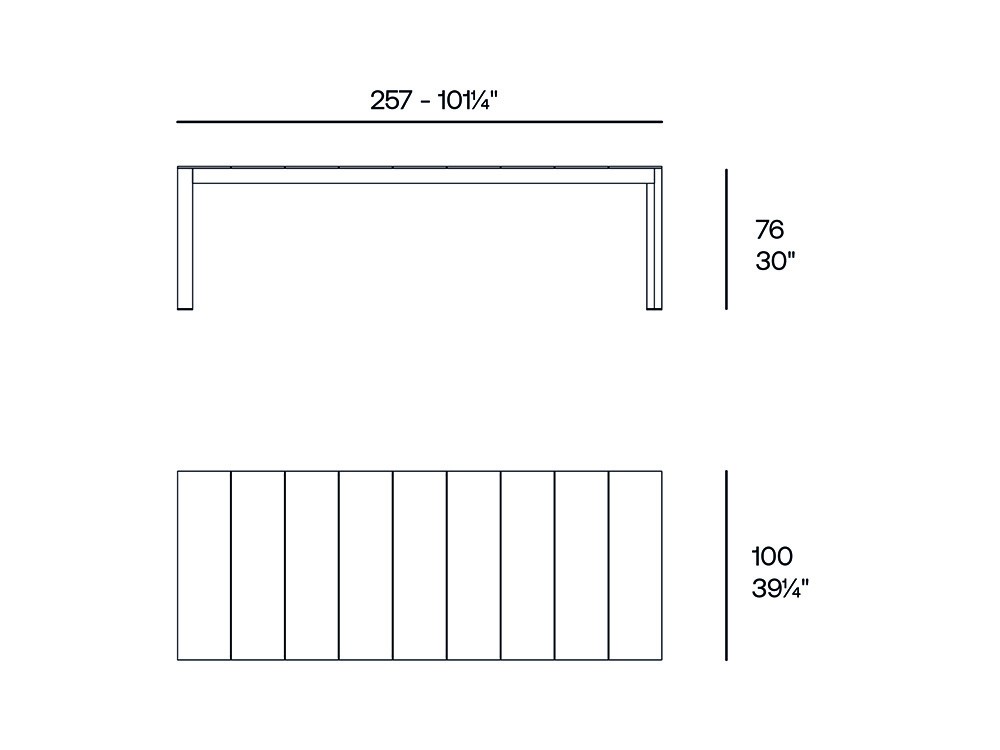 Medidas de la mesa de comedor fija de 250cm de aluminio y hpl Posidonia de Vondom