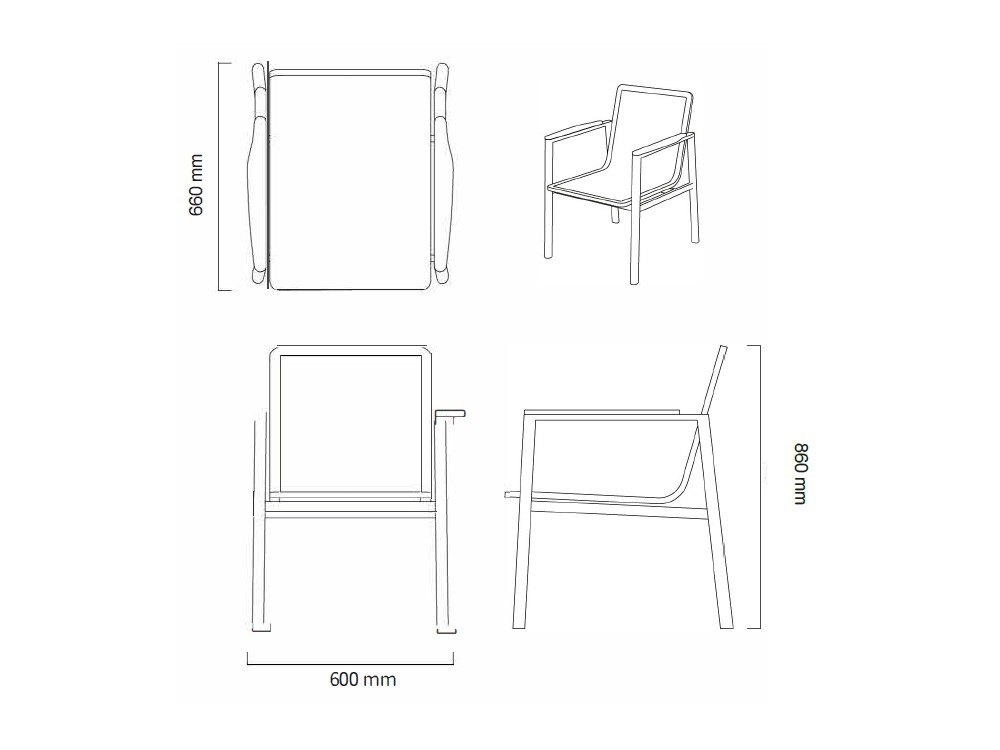 Medidas de la silla de comedor de aluminio y fibra sintética trenzada personalizable Rossano de Agua de mar