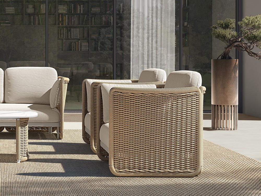 Sillón de exterior Galatina de Agua de Mar: confort, diseño y materiales que resisten al paso del tiempo.