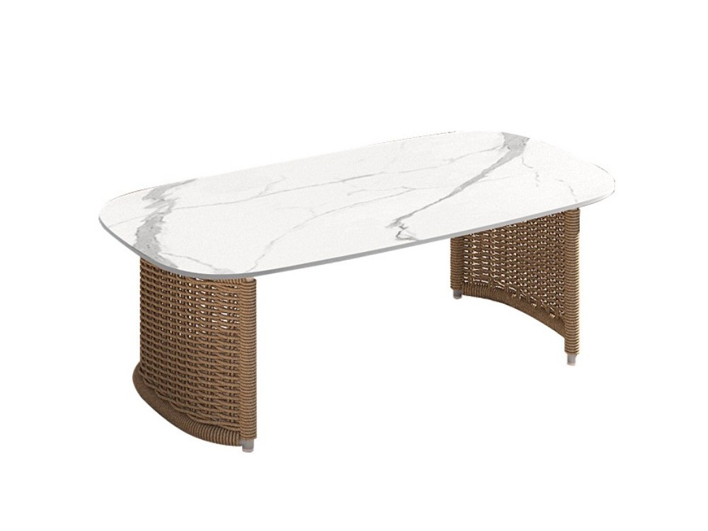 Mesa de centro Galatina con sobre en sintered stone white: elegancia atemporal y máxima resistencia para exteriores.