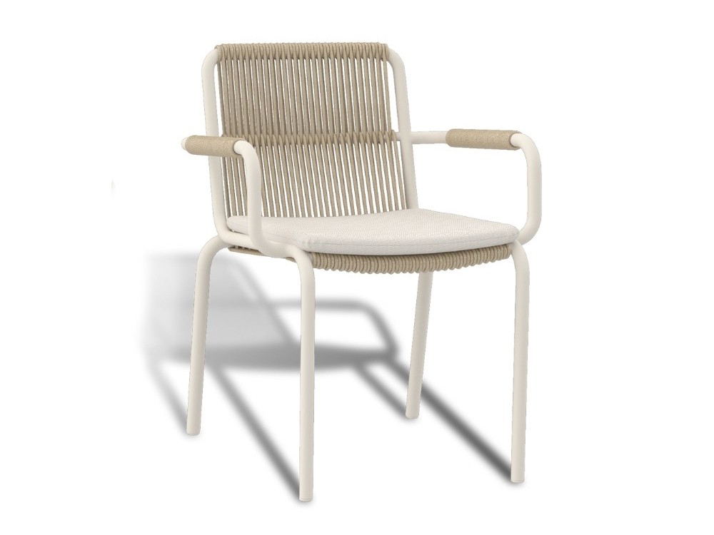 Silla de comedor exterior Fano: estructura de aluminio, trenzado artesanal y cojín incluido.