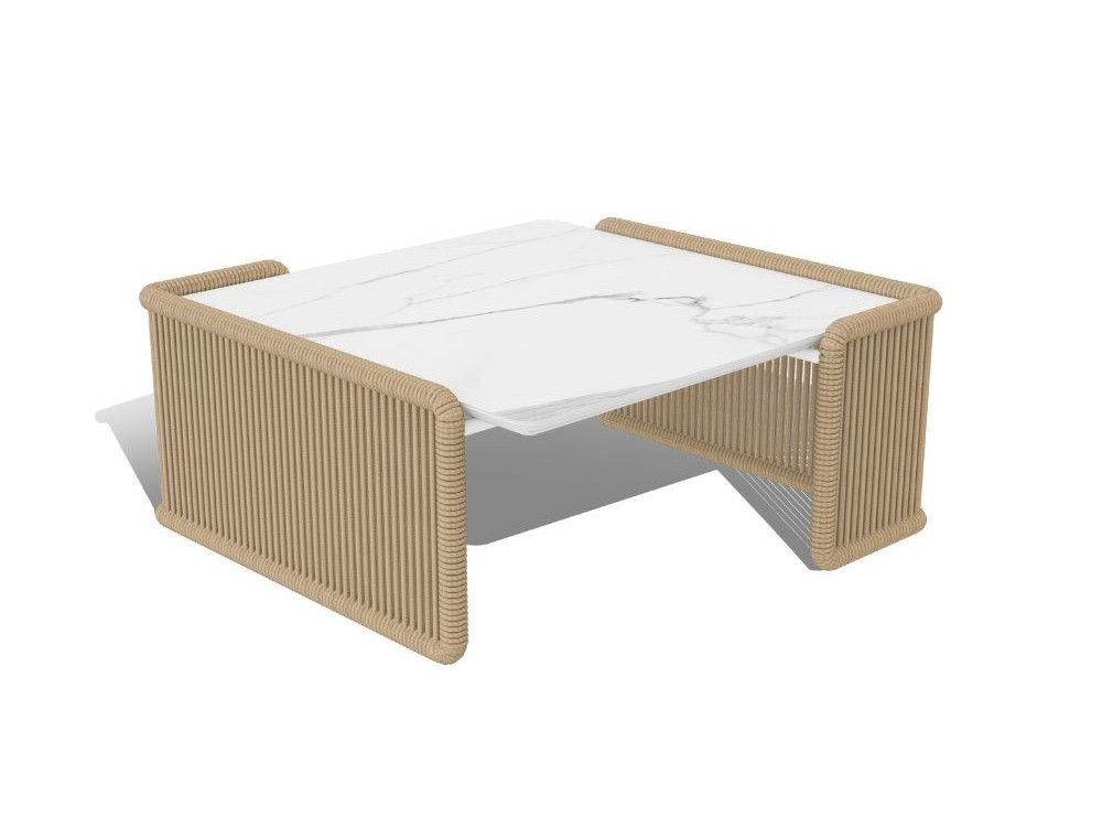 mesa de centro cuadrada con estructura de aluminio y fibra sintética y sobre de piedra sinterizada