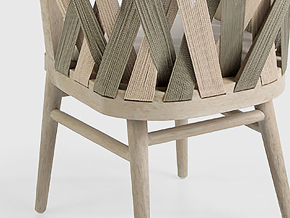 Detalle artesanal: la teca gris y la cuerda trenzada de la silla Spark.