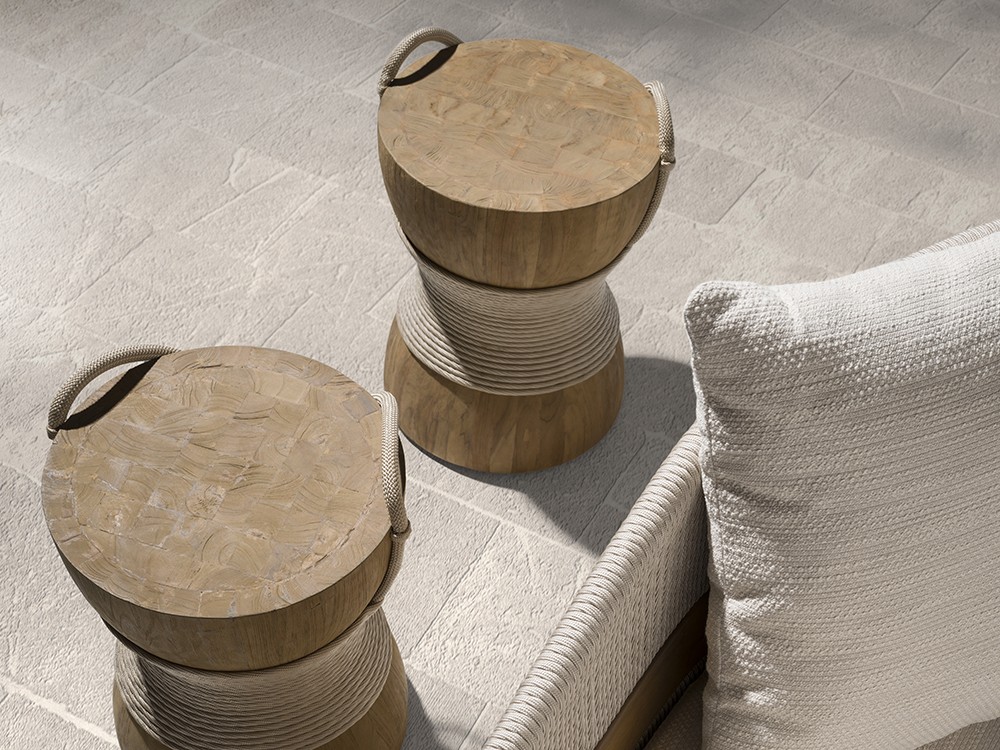 Mesa auxiliar Desire de Joenfa: detalle de la textura de la madera y la cuerda.