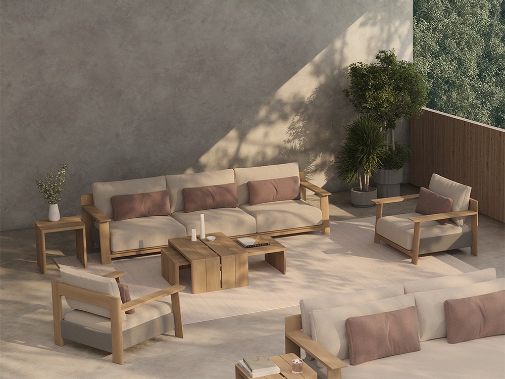 Sillón de salón exterior con estructura de teca maciza y detalles artesanales en cuerda, exclusivo de SKLD Studio.