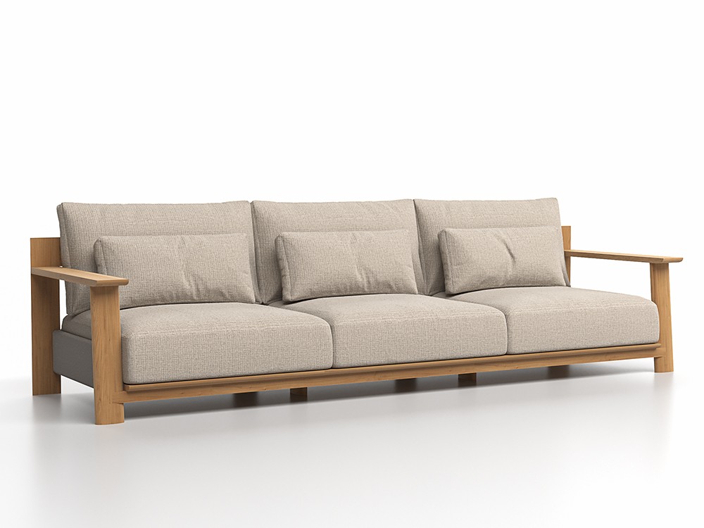 Sofá Olma de SKLD: estilo atemporal con estructura robusta y tejidos resistentes al aire libre.