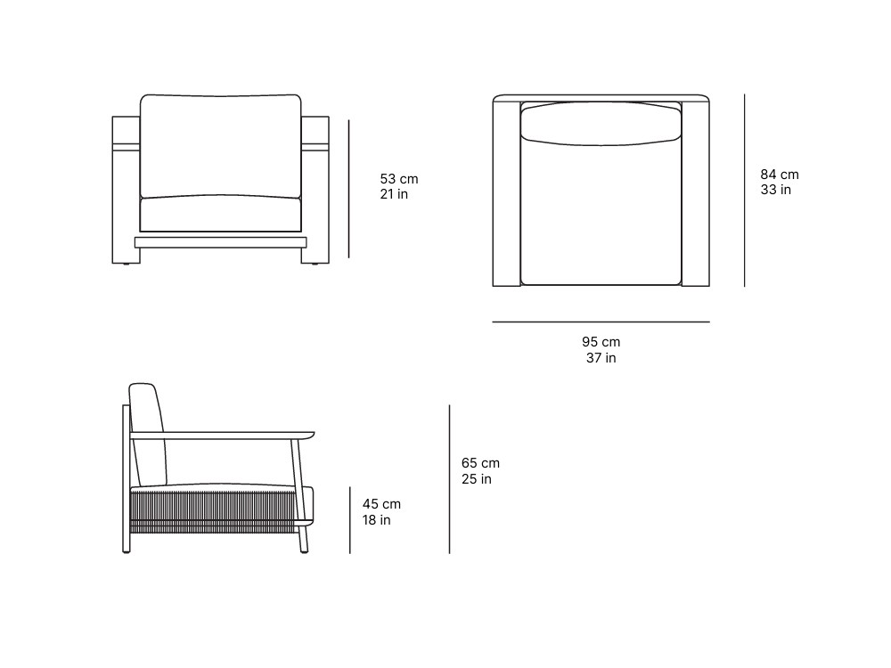 Medidas del sillón para salón exterior de madera de teca y cuerda trenzada Olma de SKLD