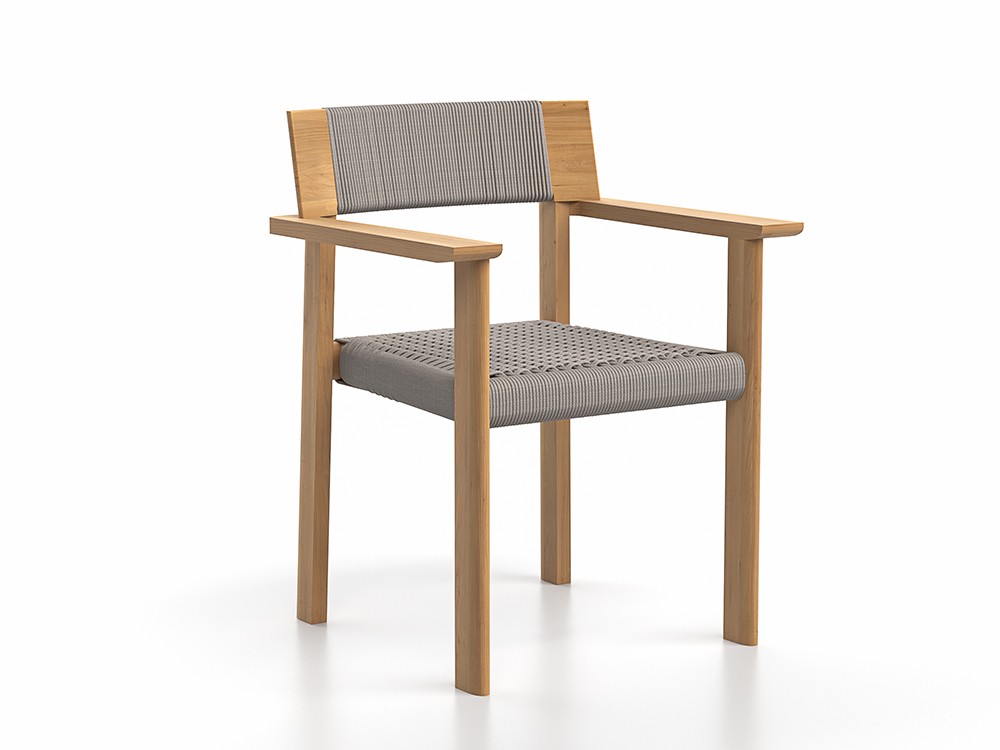 La silla exterior Olma tiene asiento y respaldo de cuerda trenzada y cojín opcional SKLD